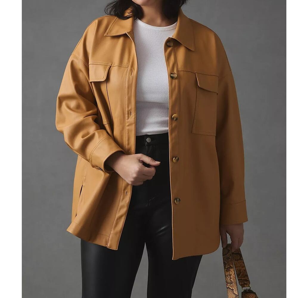 Anthropologie Maeve Faux Leather Shirt Jacket M Tan Camel Shacket Oversized